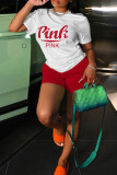 Red Casual Letter Print Basic O Neck Short Sleeve Two Pieces