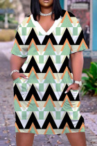 Green Casual Print Patchwork V Neck Short Sleeve Dress