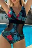 Blue Black Sexy Print Patchwork Backless Swimwears (With Paddings)