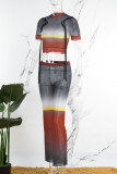 Colour Sexy Gradual Change Print Patchwork See-through O Neck Short Sleeve Two Pieces