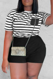 Black Casual Striped Print Patchwork O Neck Short Sleeve Two Pieces