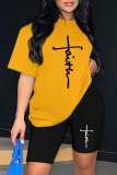 Ginger Casual Print Basic O Neck Short Sleeve Two Pieces