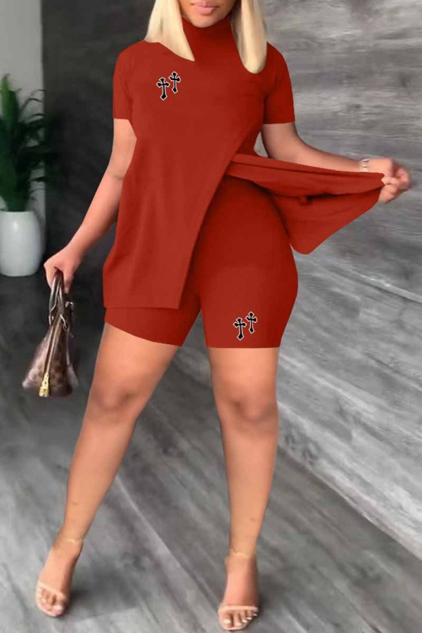 Red Elegant Print Patchwork Slit Half A Turtleneck Short Sleeve Two Pieces