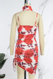 Rose Red Sexy Print Backless Fold Spaghetti Strap Sleeveless Dress Dresses