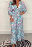 Blue Casual Print Patchwork V Neck Long Dress Dresses