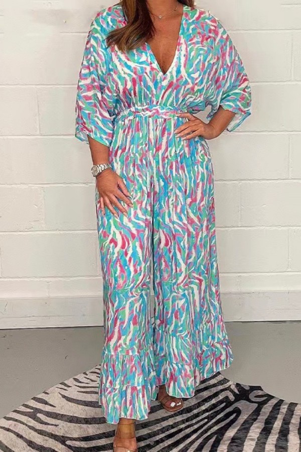 Blue Casual Print Patchwork V Neck Long Dress Dresses