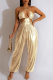 Gold Sexy Solid Hollowed Out Backless Strap Design Halter Regular Jumpsuits