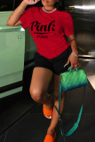Red Casual Letter Print Basic O Neck Short Sleeve Two Pieces
