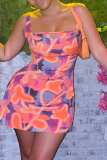 Multicolor Sexy Print Backless Square Collar Vest Dress Dresses
