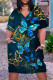 Navy Blue Casual Print Patchwork V Neck Short Sleeve Dress