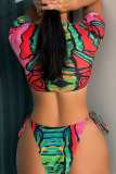 Multicolor Sexy Print Hollowed Out Frenulum Swimwears (With Paddings)