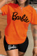 Orange Black Casual Print Basic O Neck Short Sleeve Two Pieces