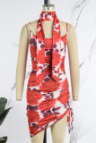 Rose Red Sexy Print Backless Fold Spaghetti Strap Sleeveless Dress Dresses