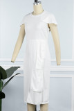 White Elegant Solid Patchwork Asymmetrical O Neck One Step Skirt Dresses