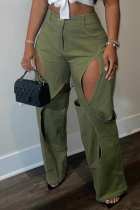 Army Green Casual Solid Hollowed Out Patchwork Regular High Waist Conventional Solid Color Trousers