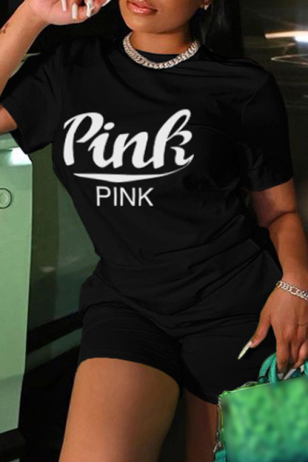 Black Casual Letter Print Basic O Neck Short Sleeve Two Pieces