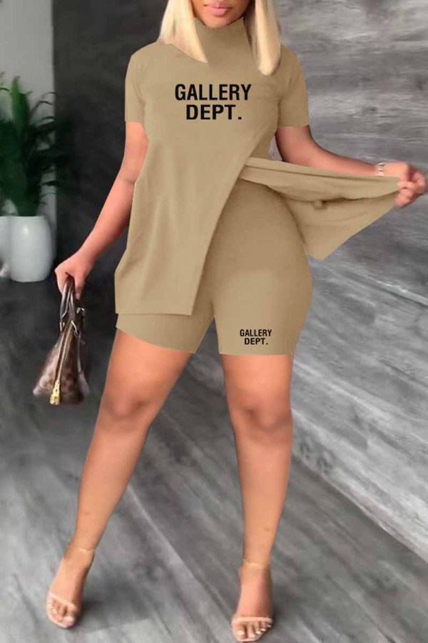 Khaki Casual Print Slit Letter Half A Turtleneck Short Sleeve Two Pieces