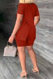 Red Elegant Print Patchwork Slit Half A Turtleneck Short Sleeve Two Pieces