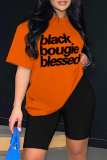 Orange Casual Letter Print Basic O Neck Short Sleeve Two Pieces