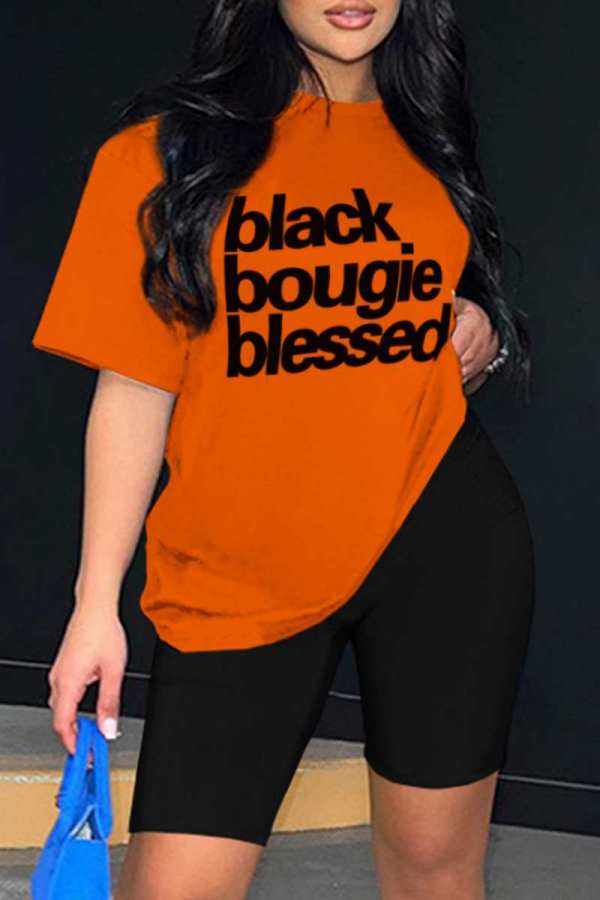 Orange Casual Letter Print Basic O Neck Short Sleeve Two Pieces