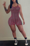 Pink Sexy Striped See-through Backless Strap Design Spaghetti Strap Skinny Rompers