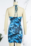 Blue Sexy Print Hollowed Out Patchwork Frenulum Backless Halter Sleeveless Dress Dresses