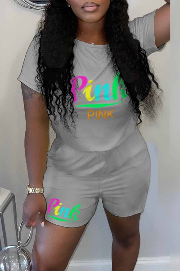 Grey Casual Print Letter O Neck Short Sleeve Two Pieces