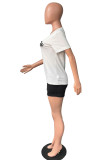 Powder Blue Casual Print Basic O Neck Short Sleeve Two Pieces