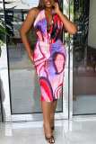 Multicolor Sexy Casual Print Backless Halter Sleeveless Dress Dresses