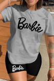 Powder Blue Casual Print Basic O Neck Short Sleeve Two Pieces