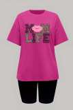 Rose Red Casual Letter Print Basic O Neck Short Sleeve Two Pieces