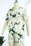 Multicolor Casual Print Basic O Neck Short Sleeve Two Pieces