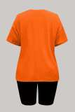 Orange Casual Letter Print Basic O Neck Short Sleeve Two Pieces
