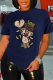 Navy Blue Daily Cute Print Patchwork O Neck T-Shirts