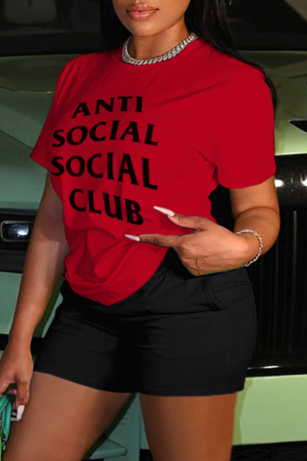 Red Casual Letter Print Basic O Neck Short Sleeve Two Pieces
