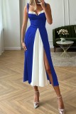 Royal Blue Sexy Casual Patchwork Backless Slit Contrast Spaghetti Strap Sleeveless Dress Dresses