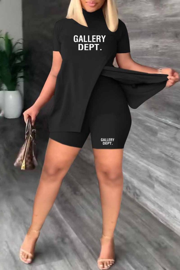 Black Casual Print Slit Letter Half A Turtleneck Short Sleeve Two Pieces