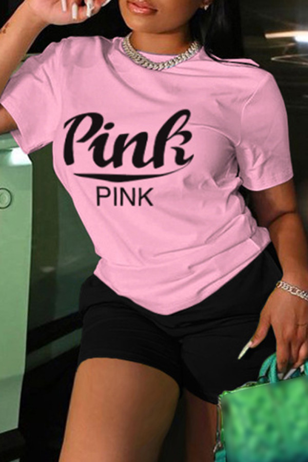 Pink Casual Letter Print Basic O Neck Short Sleeve Two Pieces
