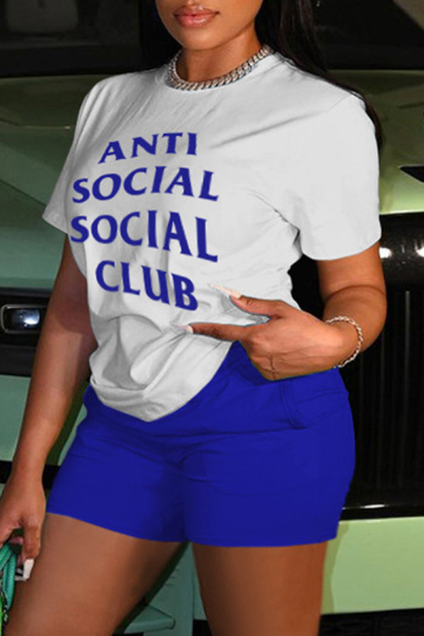 White Blue Casual Letter Print Basic O Neck Short Sleeve Two Pieces