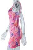 Multicolor Sexy Print Backless Square Collar Vest Dress Dresses