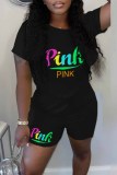 Pink Casual Print Letter O Neck Short Sleeve Two Pieces