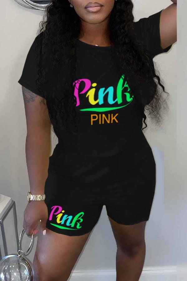 Black Casual Print Letter O Neck Short Sleeve Two Pieces