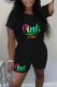 Black Casual Print Letter O Neck Short Sleeve Two Pieces
