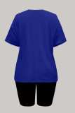 Blue Casual Letter Print Basic O Neck Short Sleeve Two Pieces