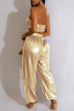 Gold Sexy Solid Hollowed Out Backless Strap Design Halter Regular Jumpsuits
