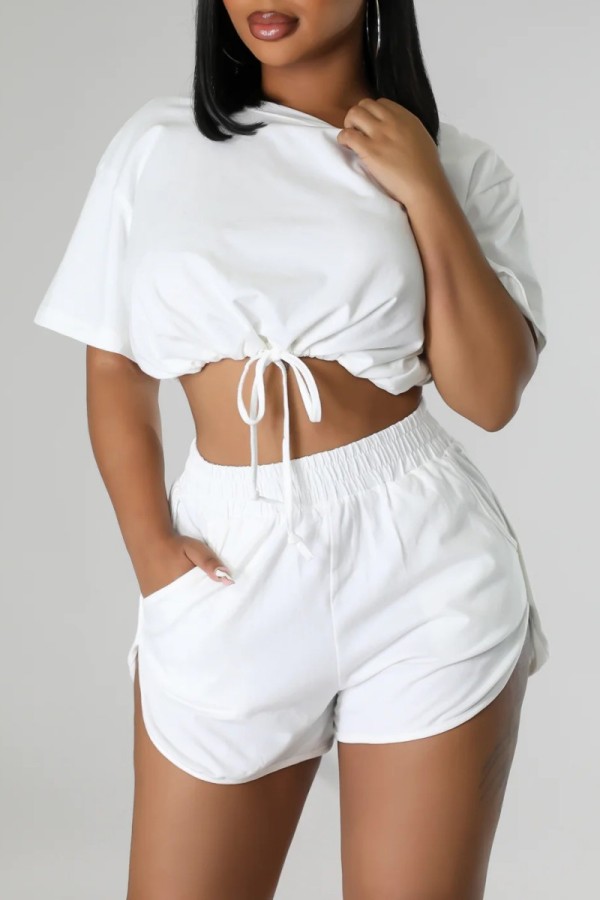 White Casual Solid Frenulum Basic O Neck Short Sleeve Two Pieces