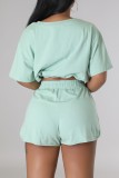 Pink Casual Solid Frenulum Basic O Neck Short Sleeve Two Pieces