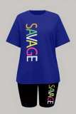 Blue Casual Letter Print Basic O Neck Short Sleeve Two Pieces