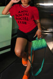 Red Casual Letter Print Basic O Neck Short Sleeve Two Pieces