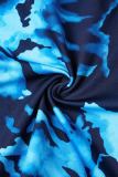 Blue Sexy Print Hollowed Out Patchwork Frenulum Backless Halter Sleeveless Dress Dresses